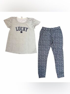 Lucky Brand Women Pajama Set Pants & Short Sleeve Paisley Blue Gray Medium Soft